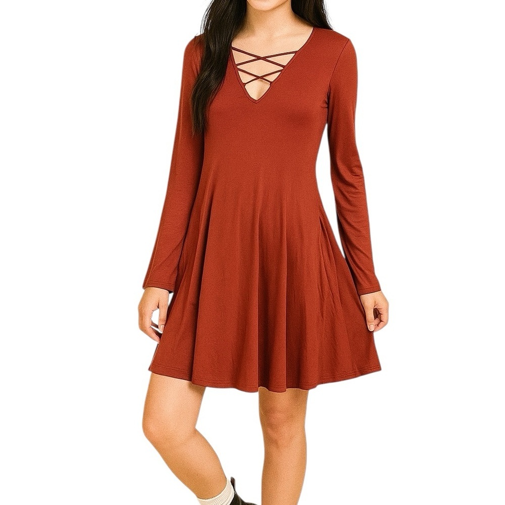 Express Small Long Sleeve Dress Rust Burnt Orange Soft Jersey Knit Retro Y2k